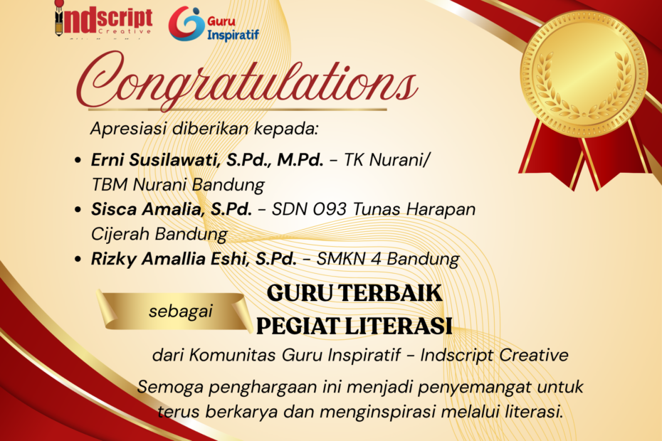 Indscript Creative dan Komunitas Guru Inspiratif Berikan Apresiasi kepada Guru Terbaik Pegiat Literasi